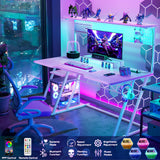 Pink Gaming Desk with Hutch and LED Lights, 55" Computer Desk with Storage Shelves, Reversible PC Gaming Desk with Pegboard, Gaming Table Gamer Desk for Bedroom, Carbon Fiber Pink armocity