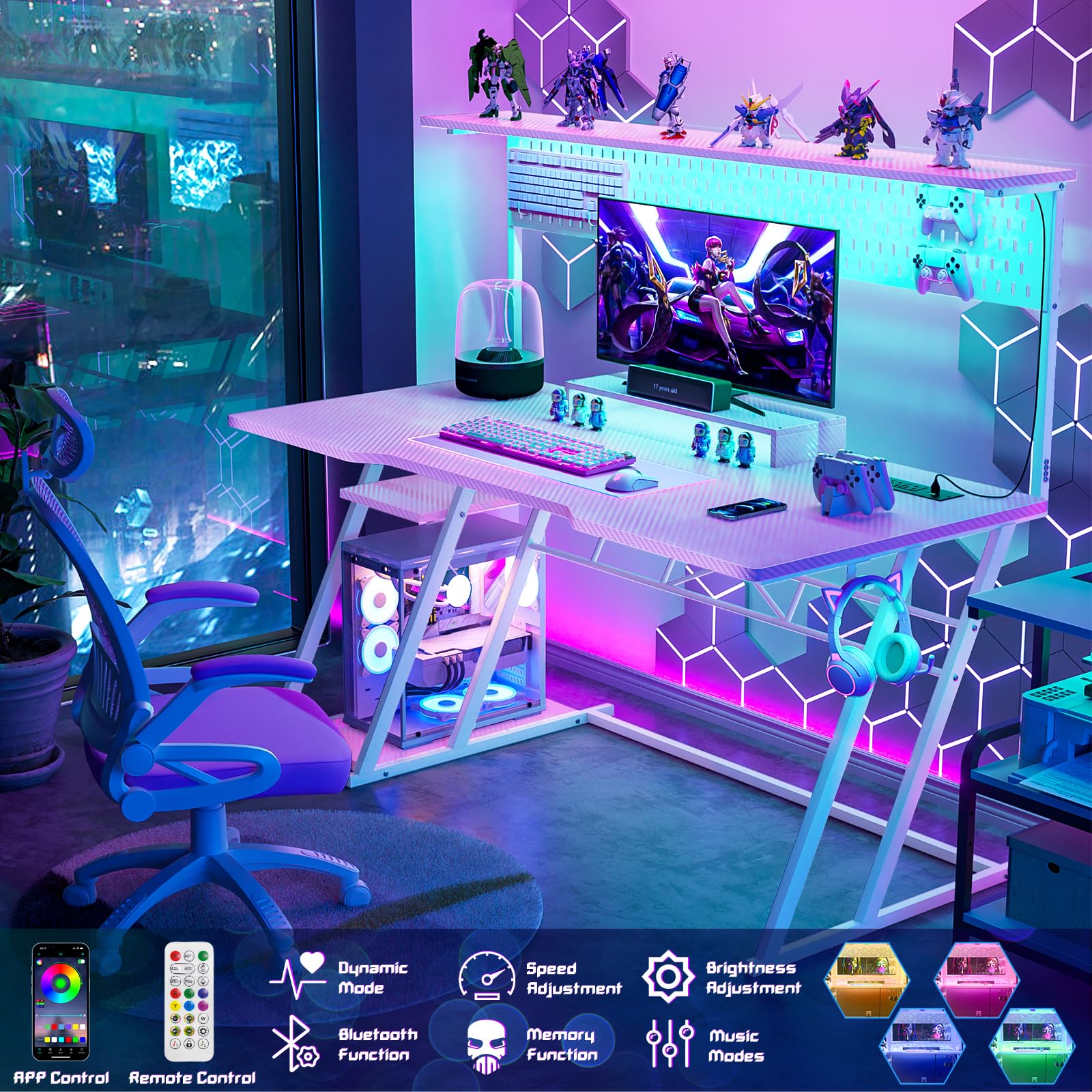 Pink Gaming Desk with Hutch and LED Lights, 55" Computer Desk with Storage Shelves, Reversible PC Gaming Desk with Pegboard, Gaming Table Gamer Desk for Bedroom, Carbon Fiber Pink - WoodArtSupply