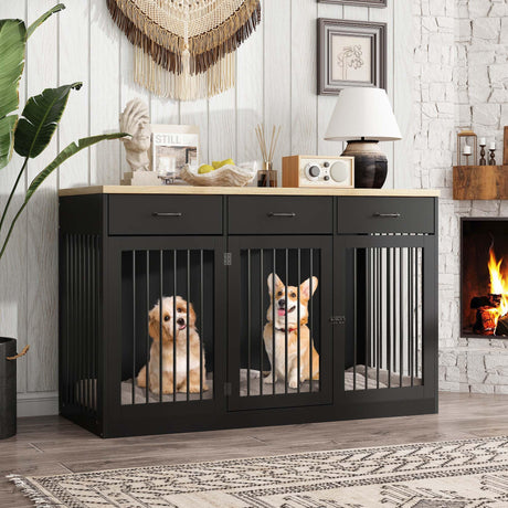 PIAOMTIEE 55.3" Extra Large Dog Crate Furniture, Indoor Heavy Duty Dog Kennel House with 3 Drawers, Modern Furniture Dog Crate Side End Table TV Stand for XL Large Medium Breed Dogs, Black PIAOMTIEE