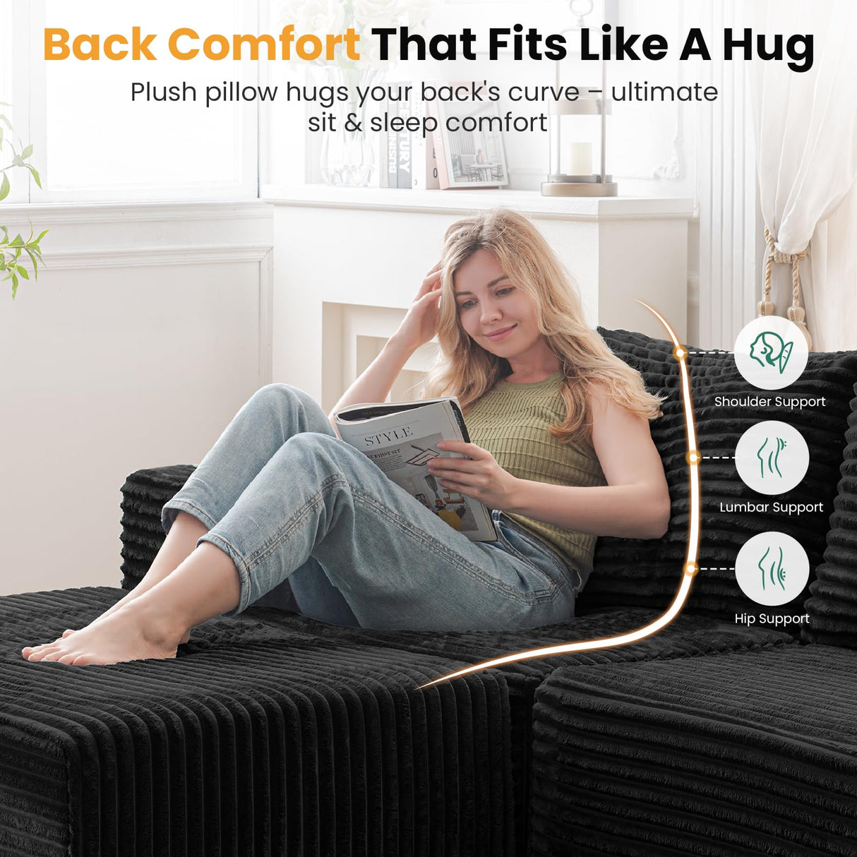 136" U Shaped Cloud Couch Sectional Modular Couch with Deep Seat, 6 Seater Corduroy Couches, Boneless Sofa with 2 Removable Ottomans, Sectional Couches for Living Room, No Assembly Required, Black MODNEST