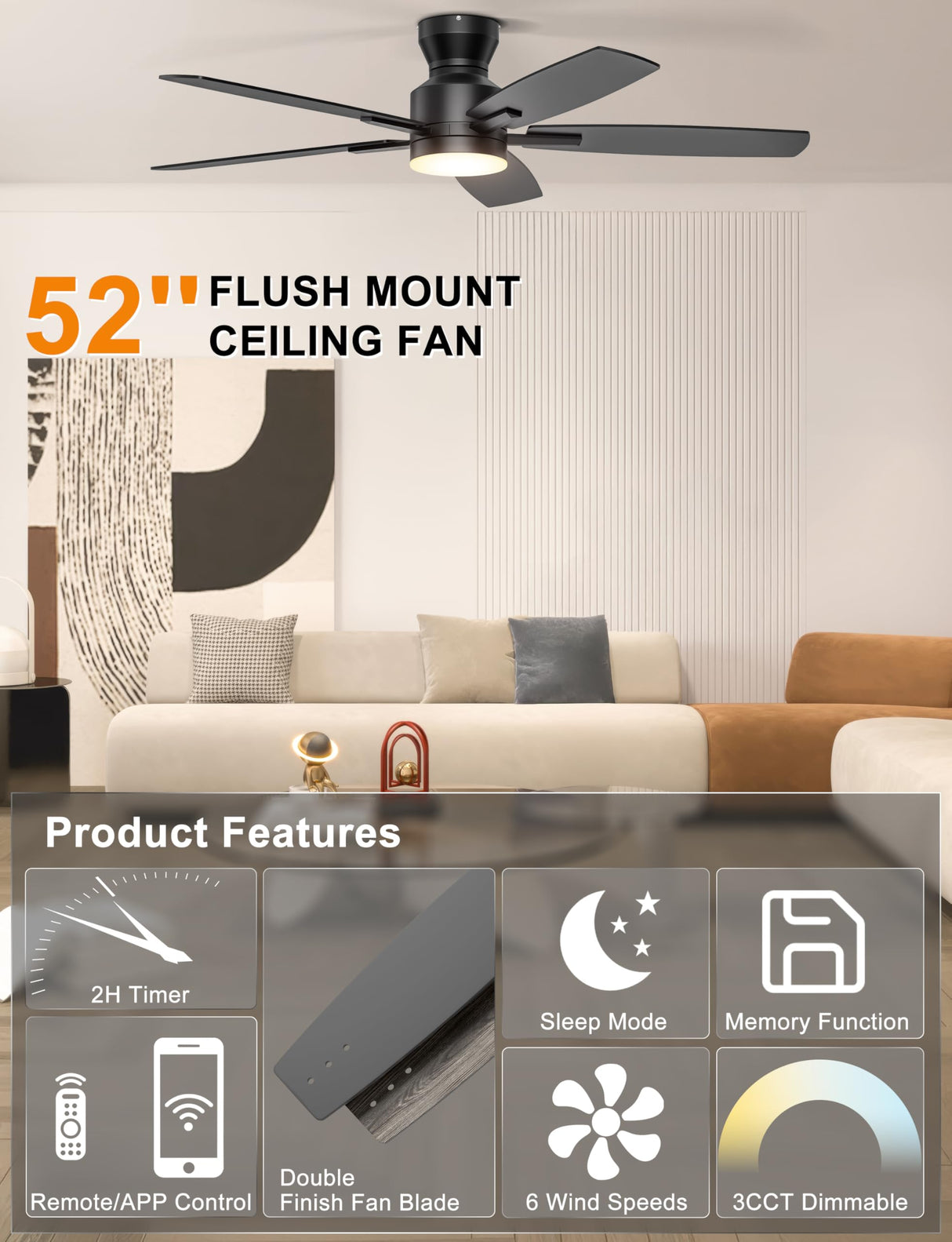 Ohniyou Ceiling Fans with Lights, 52'' Low Profile Ceiling Fan with Light and Remote/APP Control, Modern Flush Mount Ceiling Fan for Indoor Bedroom Living Room, Dimmable, Qiuet DC Motor, Black Ohniyou