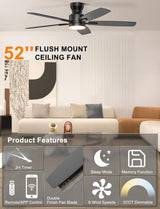 Ohniyou Ceiling Fans with Lights, 52'' Low Profile Ceiling Fan with Light and Remote/APP Control, Modern Flush Mount Ceiling Fan for Indoor Bedroom Living Room, Dimmable, Qiuet DC Motor, Black Ohniyou