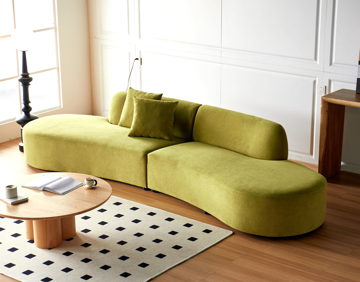 Container Furniture Direct 132" Curved Sofa with Throw Pillows, 6 Seater Luxury Velvet Couch with Half Moon Design and High-Density Foam, Ideal for Modern Living Room, Office & Apartment, Olive Green Container Furniture Direct
