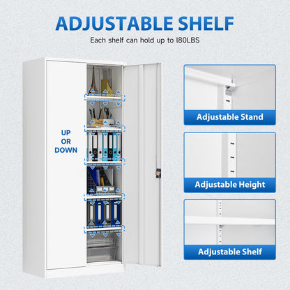 Metal Locking Storage Cabinet with 2 Doors and 5 Adjustable Shelves, 71" Tall Steel Garage Storage Cabinets for Home Office, Garage, Pantry,Tool Organizer (White, Swing Handle 2 Doors - 71"H)