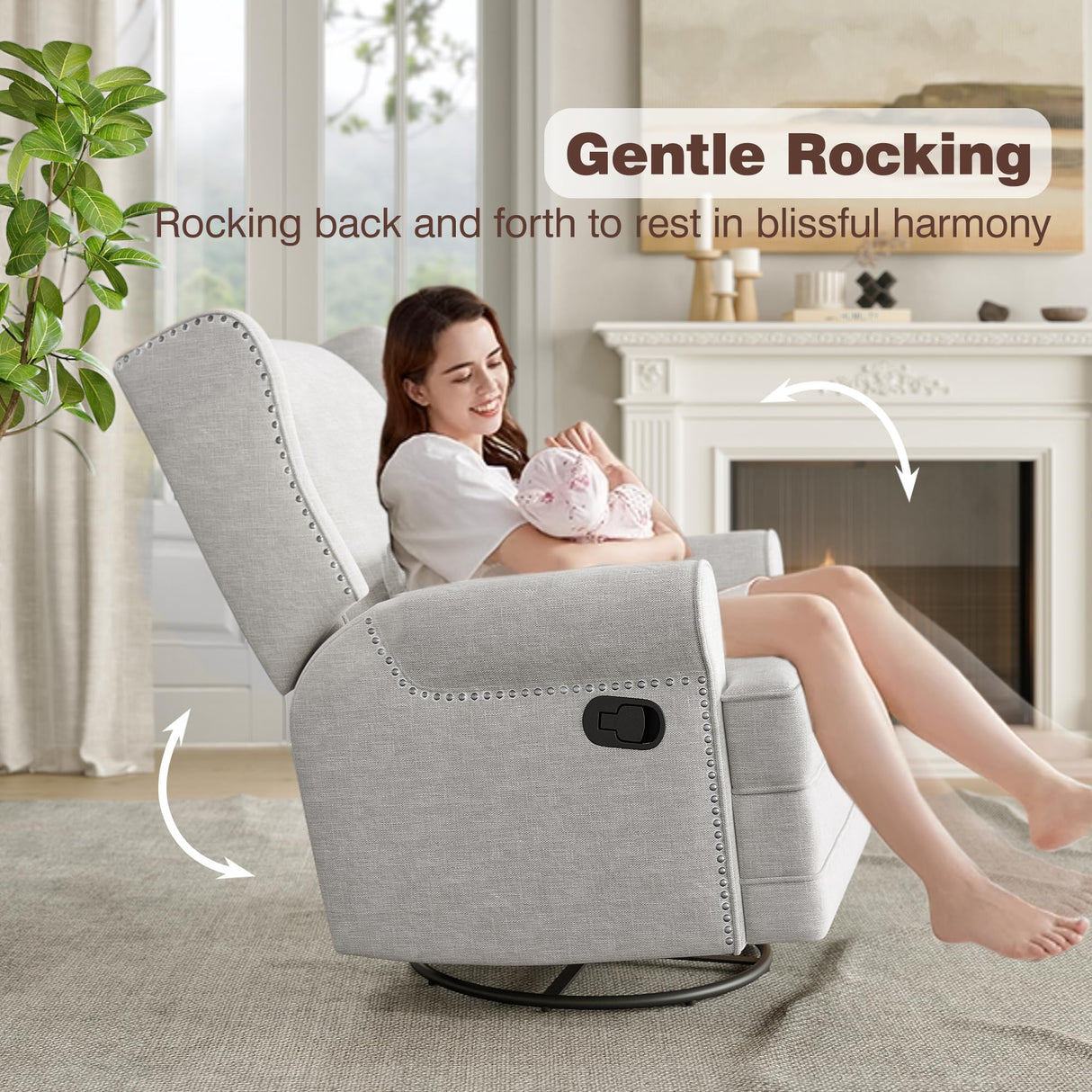May in Color Swivel Recliner Chair with Extra Large Footrest, Comfy Upholstered Glider Rocking Chair for Living Room, Bedroom and Ofice, Grey May in Color