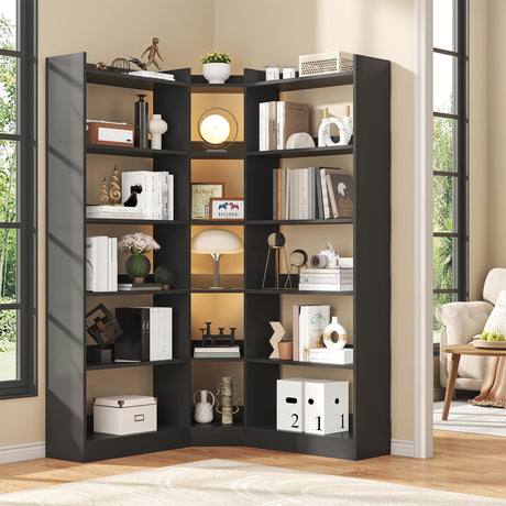 Nosepen 6 Tiers Corner Bookshelf, 63.1" Tall Modern Corner Etagere Bookcase Storage Display Rack Book Shelf with Baffle, Industrial L Shaped Bookshelves for Bedroom, Home Office, Living Room, Black Nosepen
