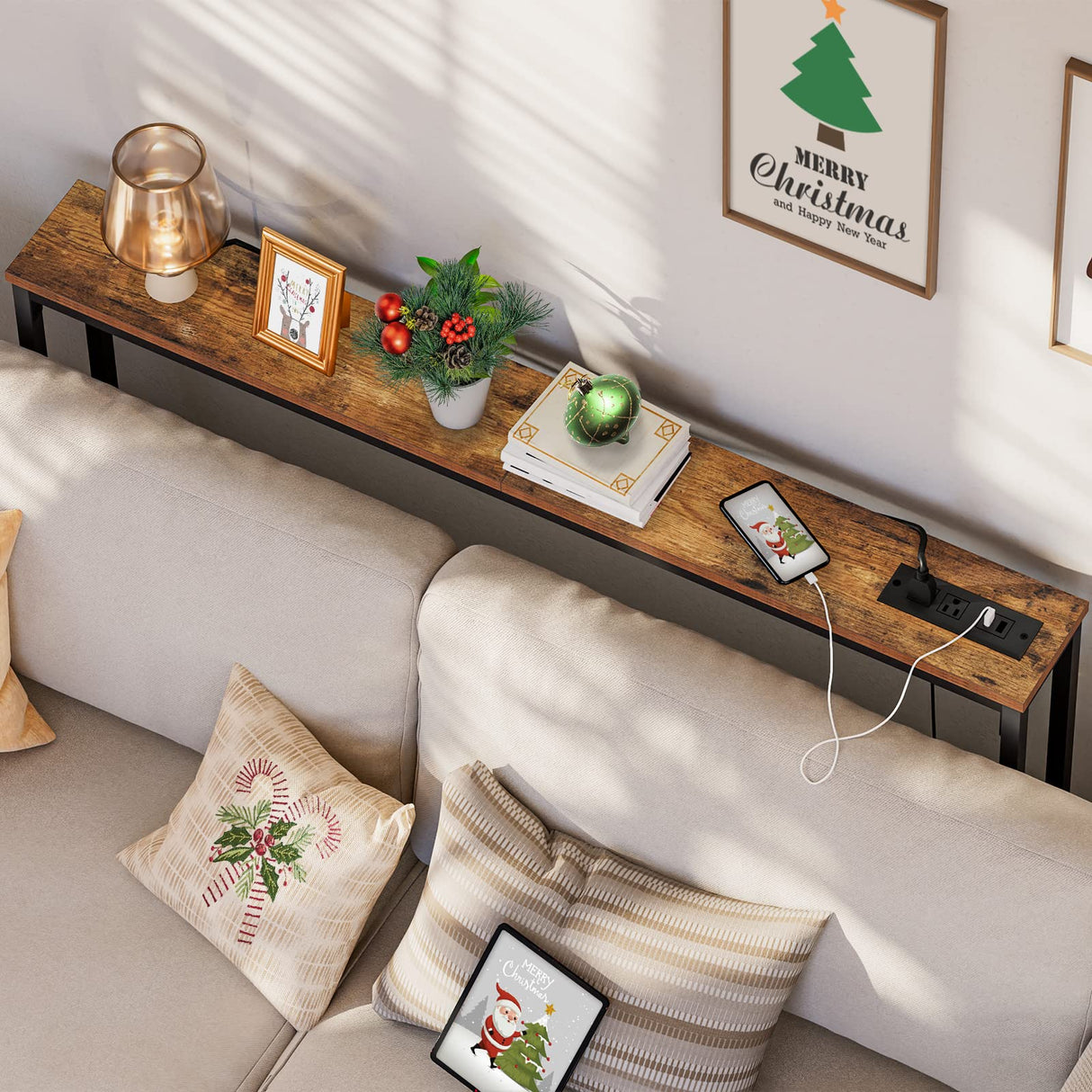 HOOBRO 47.2" Skinny Console Table with Power Outlets and USB Ports, Table with Charging Station, Narrow Sofa Table, Behind Couch Table, for Entryway, Hallway, Foyer, Rustic Brown BF15XG01G1 HOOBRO