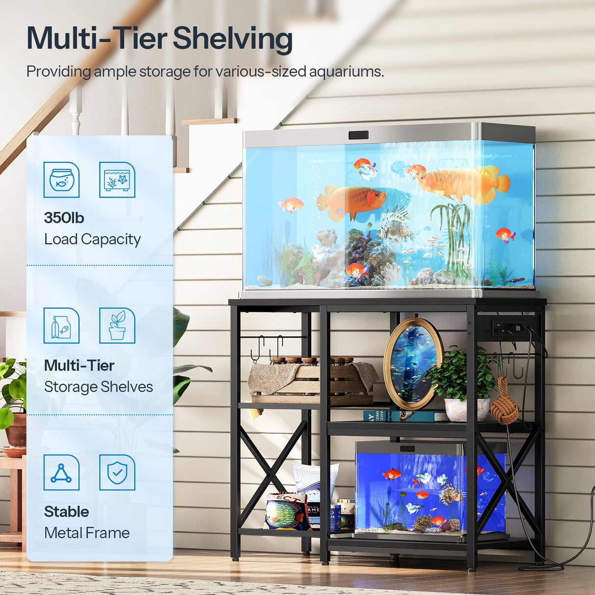 HOOBRO 20-29-37 Gallon Fish Tank Stand with Power Outlets and LED Light, Aquarium Stand with Storage Shelves, 35.4" L x 15.7" W, Reptile Tank Stand with Stable Metal Frame, Black BK80UDFT01 HOOBRO