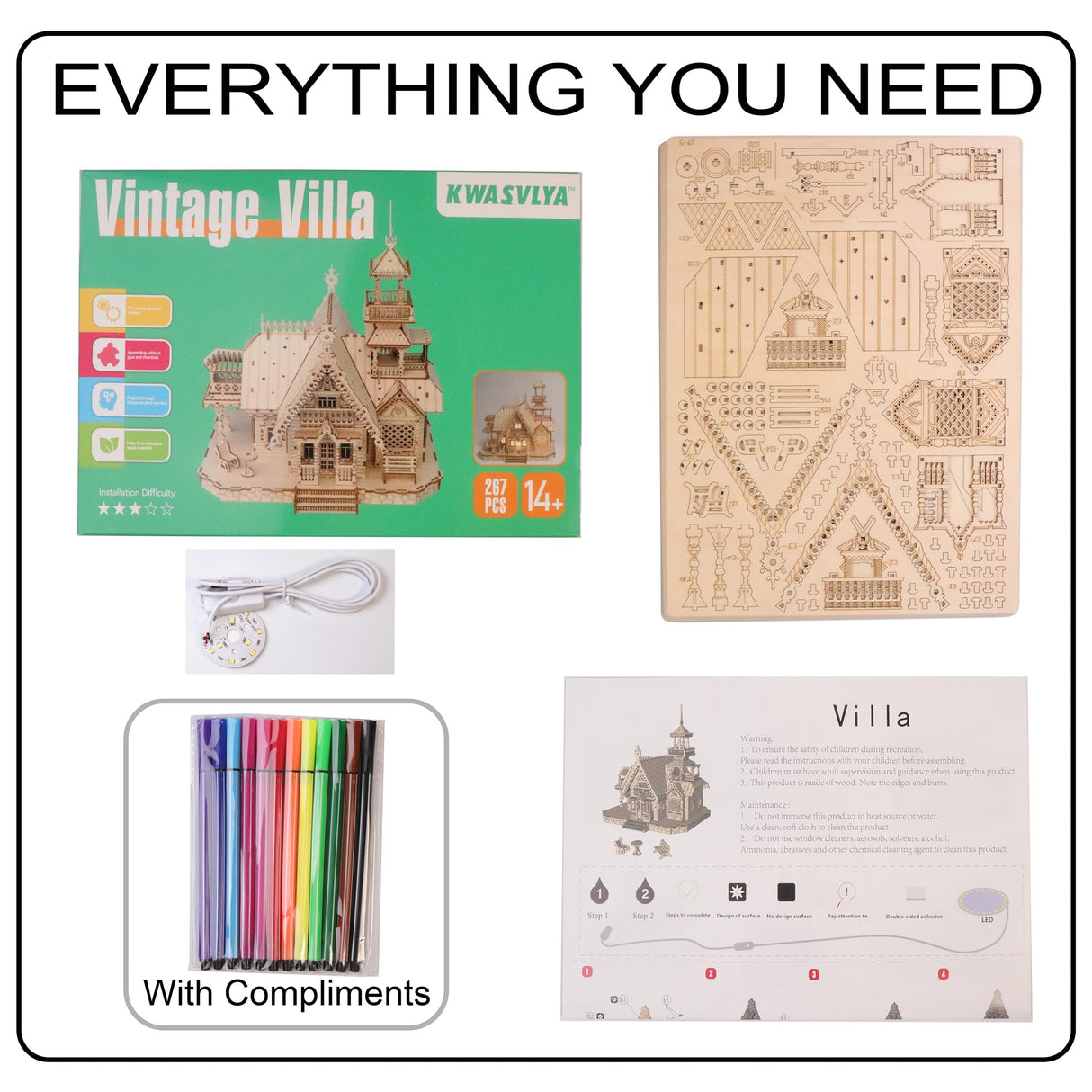 KWASVLYA Vintage Villa 3D Wooden Puzzle,Building Kits for Adults and Teens,Educational Brain Teaser Assembly Model with LED Lights,Skill Building and Creative Fun KWASVLYA
