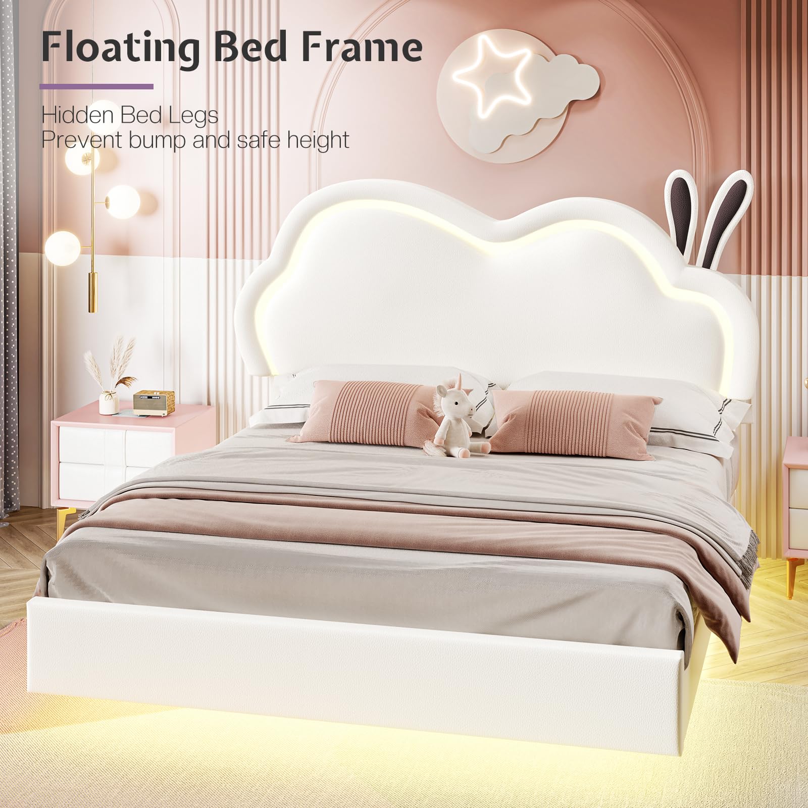 Jocisland White LED Upholstered Full Bed Frame with Cloud Headboard for Girls - WoodArtSupply