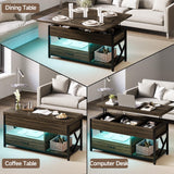 ONBRILL Coffee Table, 40" Lift Top Coffee Table with Drawers & LED Light for Living Room, Coffee Table with Hidden Compartment & 2 Open Shelves for Dining Reception Room, Black ONBRILL