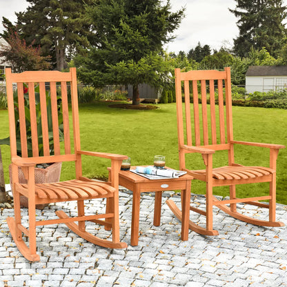 Tangkula 3 Piece Patio Rocking Bistro Set, Patiojoy Eucalyptus Wood Conversation Set with 2 Rockers and 1 Coffee Table, Outdoor Rocking Chair Set with Coffee Table for Porch, Patio and Backya - WoodArtSupply