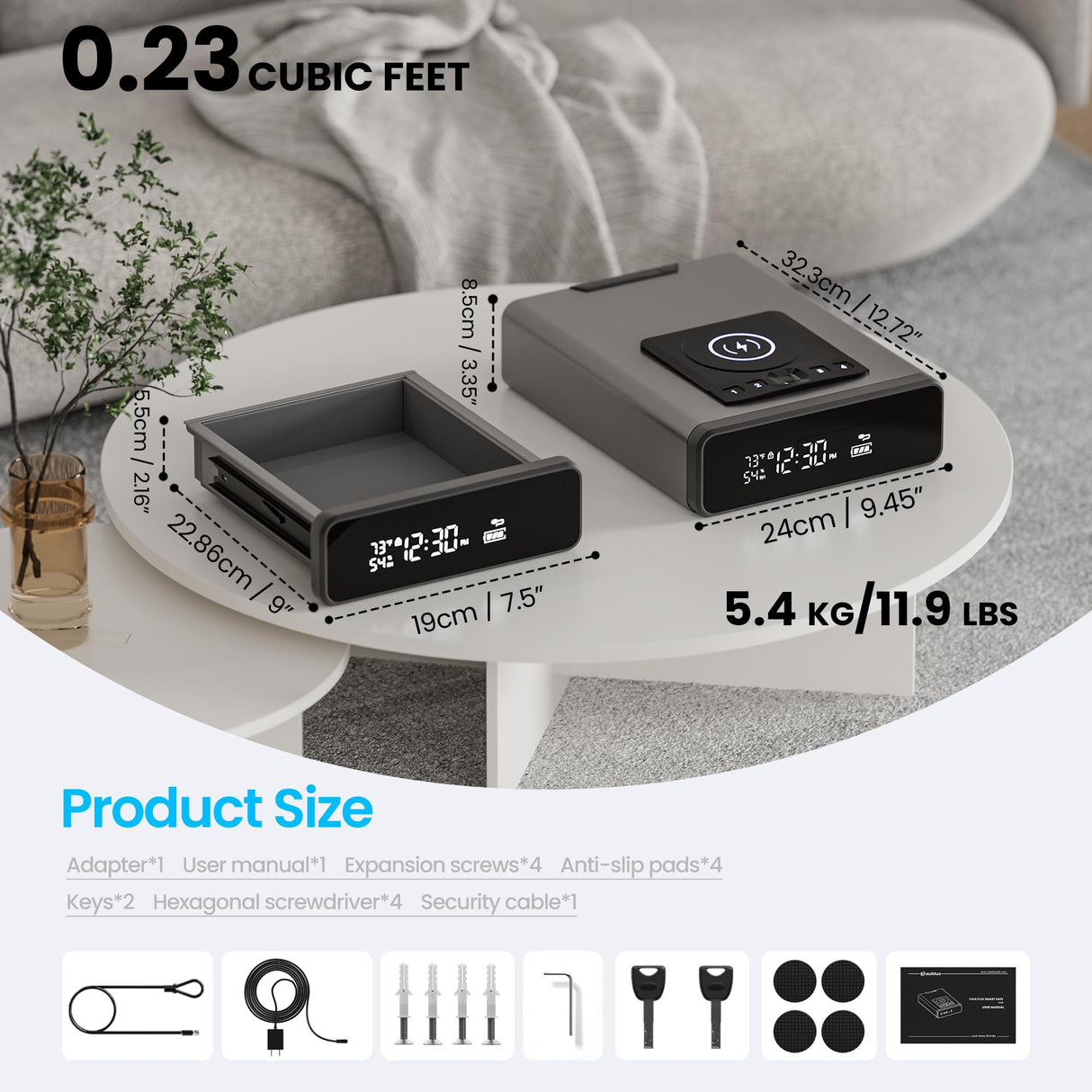 Mboko Biometric Discreet Gun Safe with 12-Hour Time Clock Display, Wireless Charging Gun Safe for Handgun with Adjustable Brightness, Backlit Keypad, LED Light, and Auto Pop-up Access Mboko