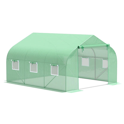 Outsunny 12' x 10' x 7' Outdoor Walk-in Greenhouse, Tunnel Green House with Roll-up Windows, Zippered Door, PE Cover, Heavy Duty Steel Frame, Green