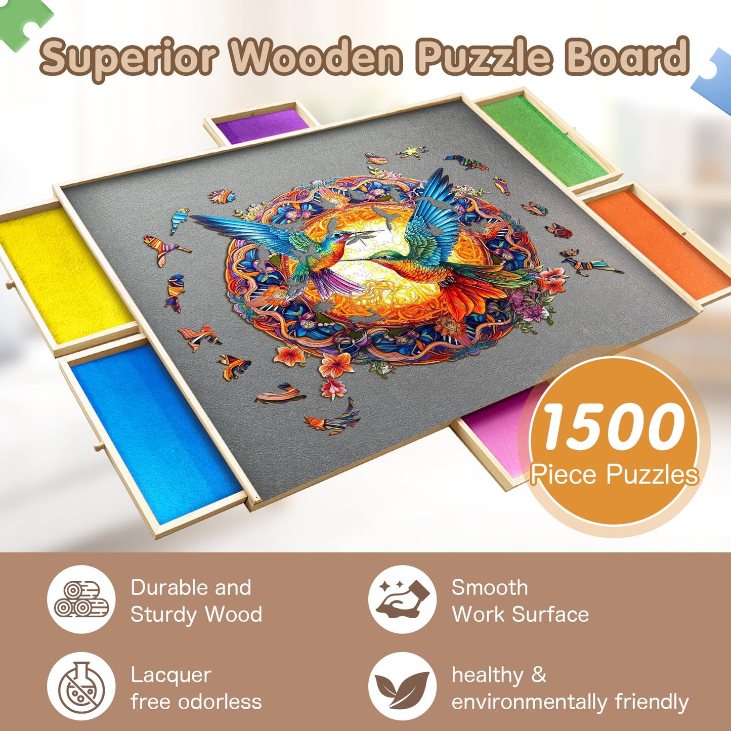 1500 Piece Rotating Wooden Puzzle Board with 6 Drawers & Cover,35” X 26” Jigsaw Puzzle Table Portable Wooden Puzzle Tables Gifts for Women Men Kids - WoodArtSupply