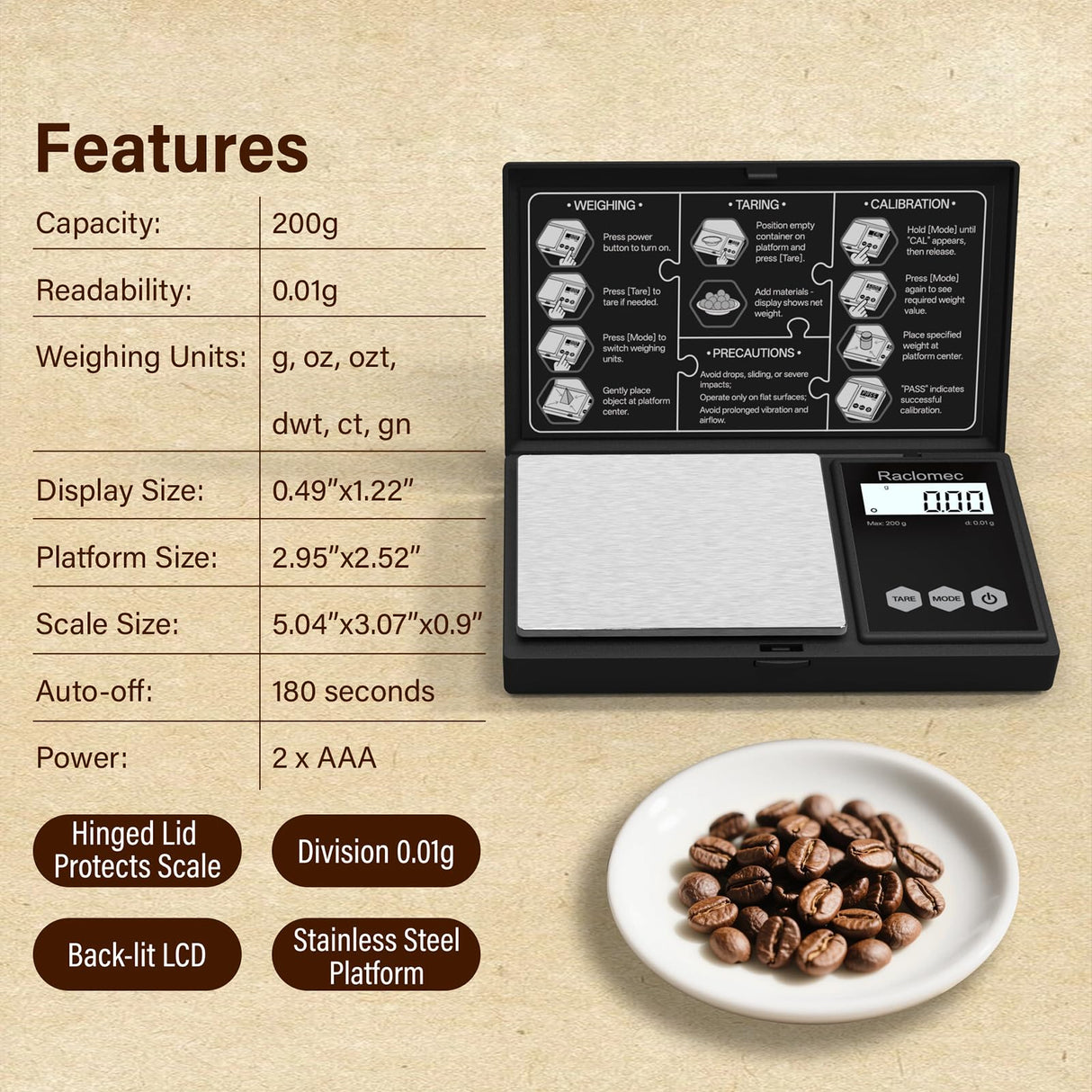 Raclomec Digital Gram Scale 200g x 0.01g Jewelry Scale, Gram, Ounce, Carat, Grain for Food, Small Ingredients, Gemstone, Coins. Raclomec