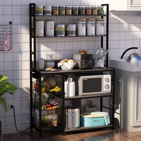 Chnnmbrn Kitchen Bakers Rack with Baskets and Power Outlet,5-Tier Kitchen Utility Storage Shelf with Hooks, Microwave Oven Stand Rack,Vintage Grey Free Standing Kitchen Shelf Chnnmbrn