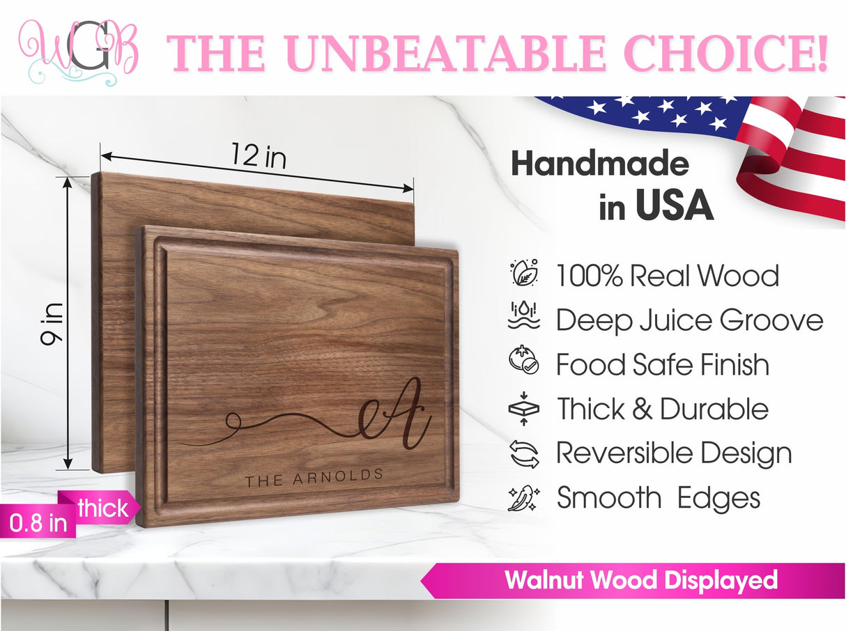 Personalized Cutting Board, Custom Wedding, Anniversary or Housewarming Gift Idea, Wood Engraved Charcuterie, for Friends and Family, Swirled Initial Design 080 Wedding Gift Boutique