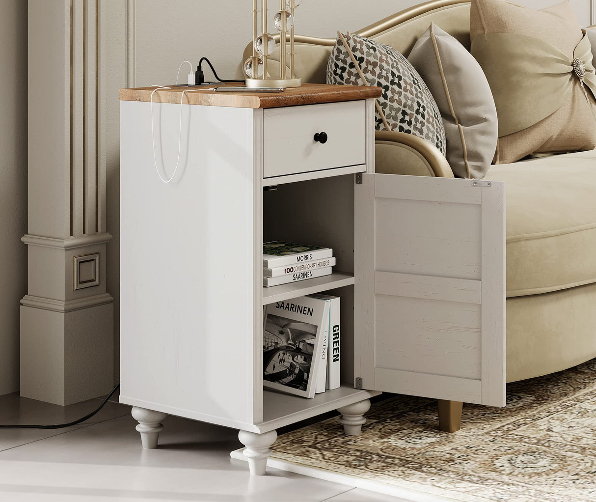 WAMPAT Dresser for Bedroom with 5 Drawers and 2 Storage Cabinet, Nightstands with Charging Station for Living Room, Mid Century Modern Kids Dressers with Wide Chest of Drawers for Nursery, White/Oak WAMPAT