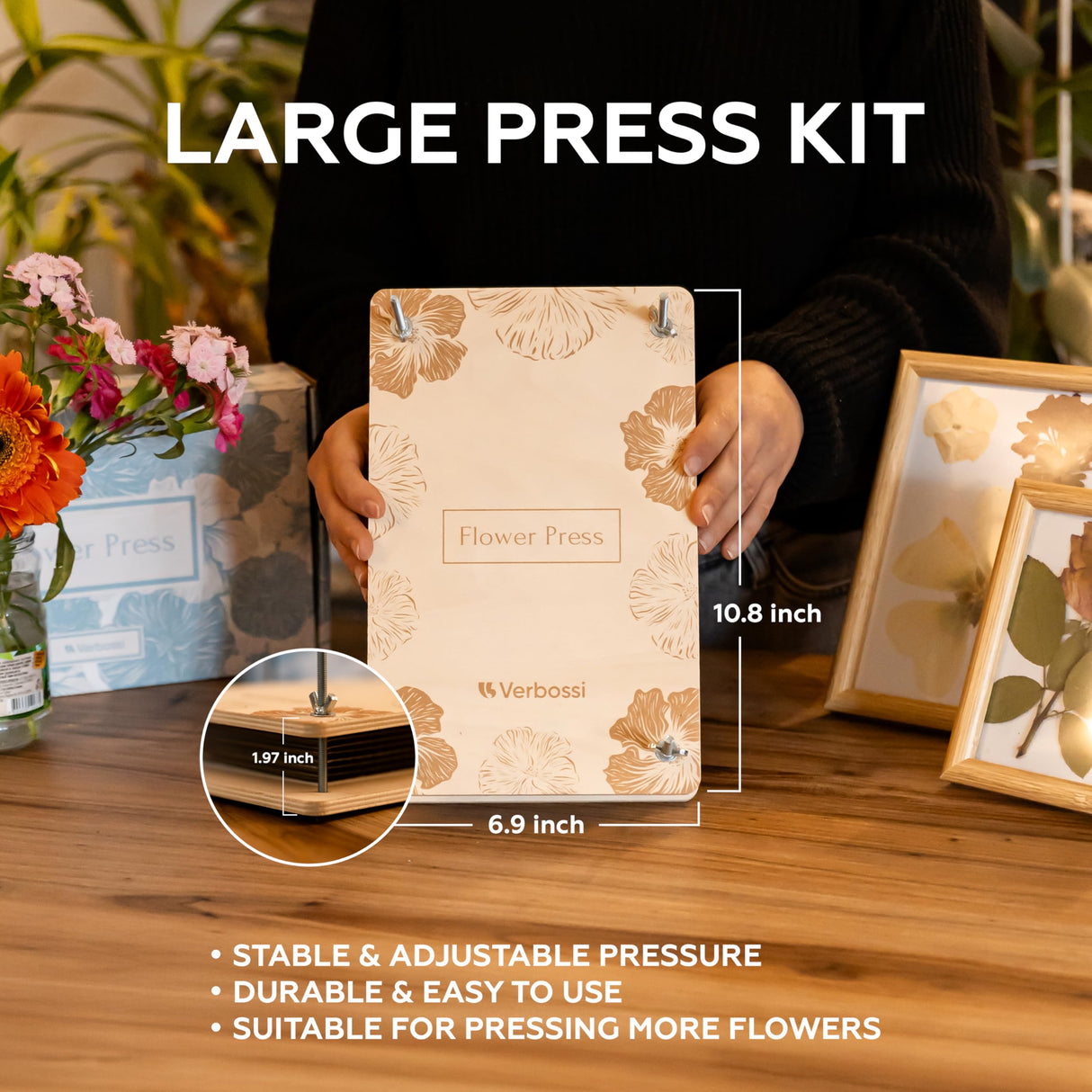 Verbossi Flower Press - Large Flower Press Kit 10.8" x 6.9" - Flower Pressing Kit for Adults & Kids - Pressed Flowers - Plant Press - DIY Flower Pressing - Gifts for Craft Lovers (Wooden) Verbossi