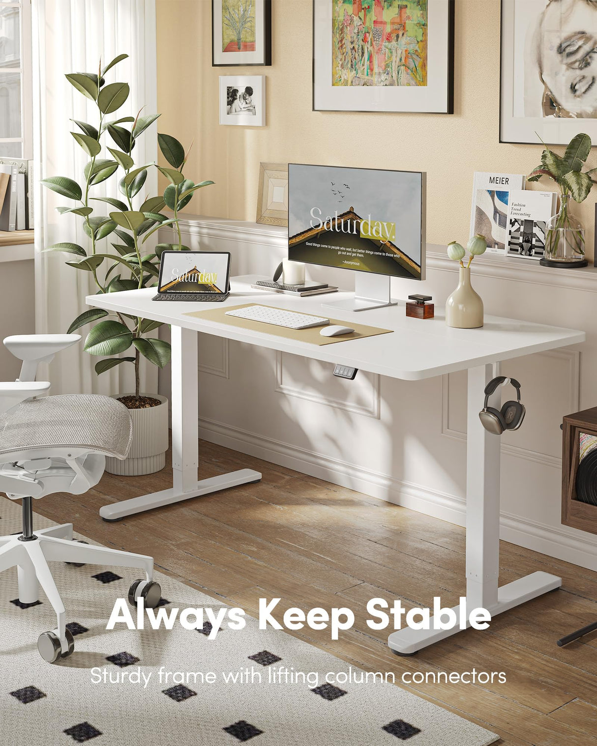 FEZIBO Electric Standing Desk, Height Adjustable Stand up Desk, 55 x 24 Inches Sit Stand Home Office Desk, Computer Desk, White FEZIBO