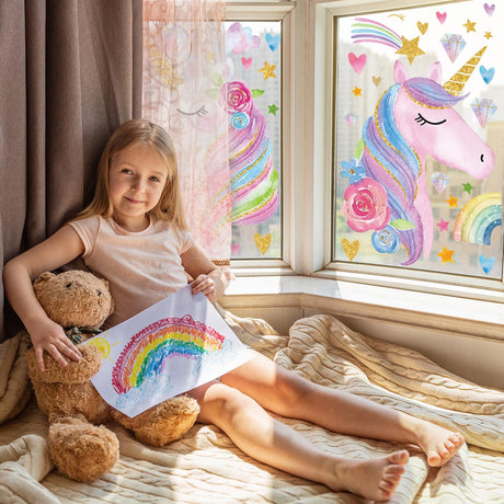 JarThenaAMCS Pink Watercolor Glitter Window Clings Double-Sided Cartoon Animal Rainbow Star Heart Diamond Window Decals Decor for Classroom Nursery Home, 15.7 x 11.8, 4 Sheet JarThenaAMCS