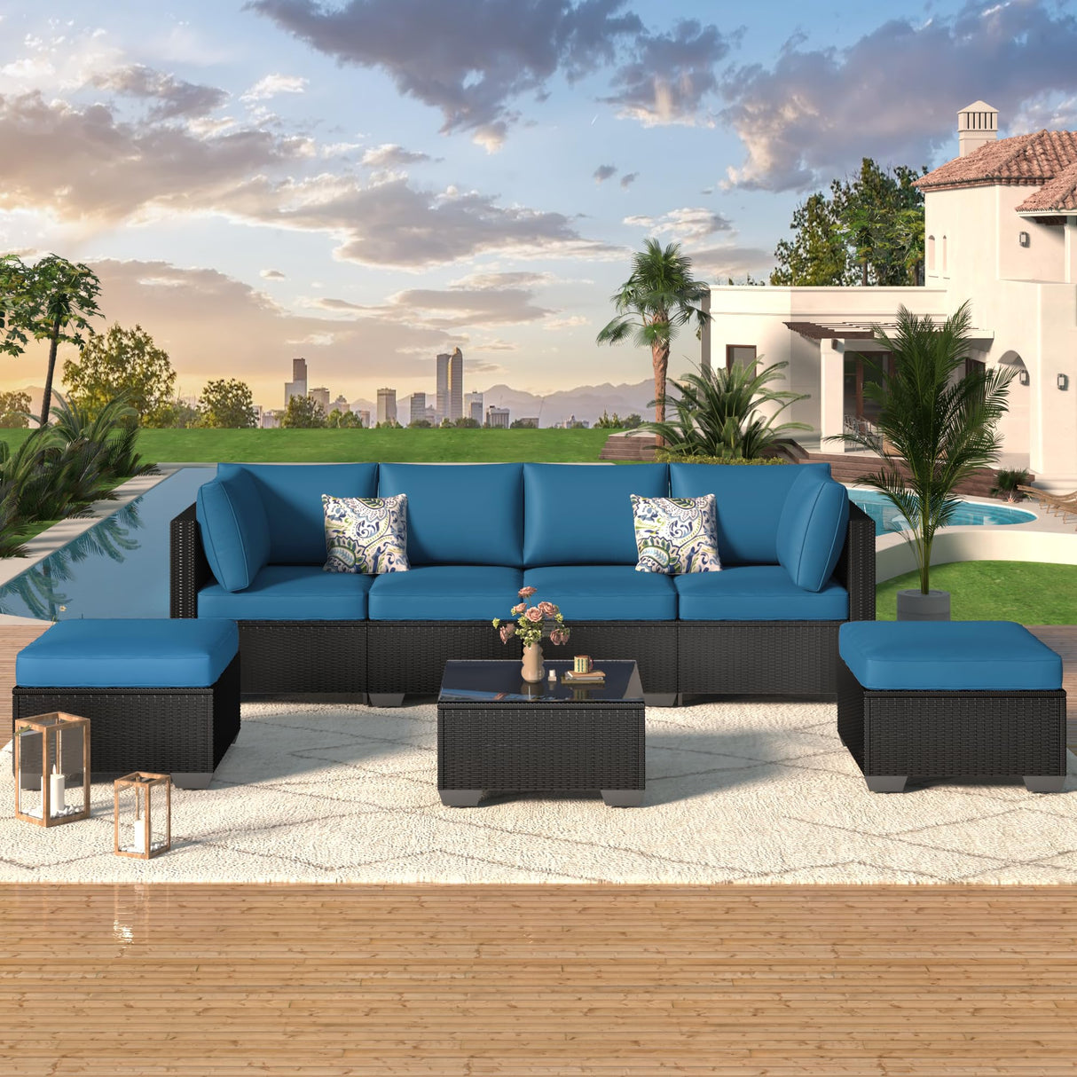 U-MAX 7 Piece Outdoor Patio Furniture Set, PE Rattan Outdoor Wicker Sectional Furniture Chair Set with Cushions and Tea Table, Black Rattan and Peacock Blue Cushion U-MAX