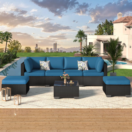 U-MAX 7 Piece Outdoor Patio Furniture Set, PE Rattan Outdoor Wicker Sectional Furniture Chair Set with Cushions and Tea Table, Black Rattan and Peacock Blue Cushion U-MAX