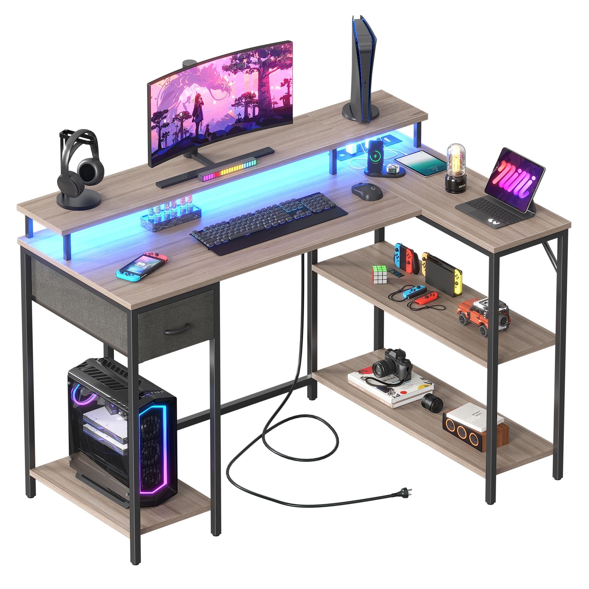 Shahoo L Shaped Computer Desk with LED Lights & Power Outlet & USB Ports & Large Monitor Stand 47 Inch Reversible Corner Table with Storage Shelves & Drawer for Home Office & Gaming, 47 in, B - WoodArtSupply