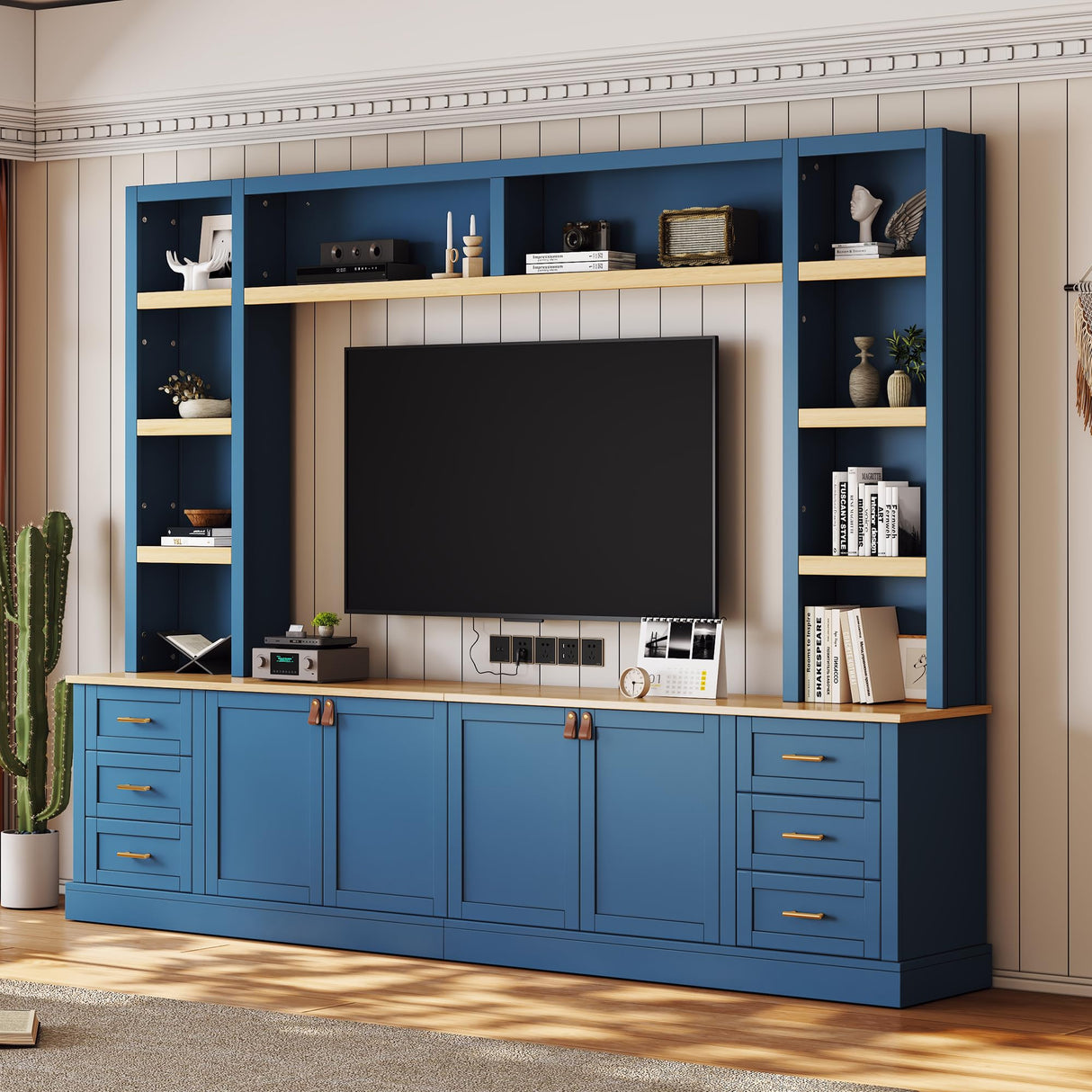 LUMISOL Farmhouse 4-Piece Entertainment Center Wall Unit for TVs up to 75", Large TV Stand with Bookshelves, 6 Drawers & Adjustable Shelves, Rustic Large Media Console for Living Room, Blue LUMISOL