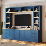 LUMISOL Farmhouse 4-Piece Entertainment Center Wall Unit for TVs up to 75", Large TV Stand with Bookshelves, 6 Drawers & Adjustable Shelves, Rustic Large Media Console for Living Room, Blue LUMISOL
