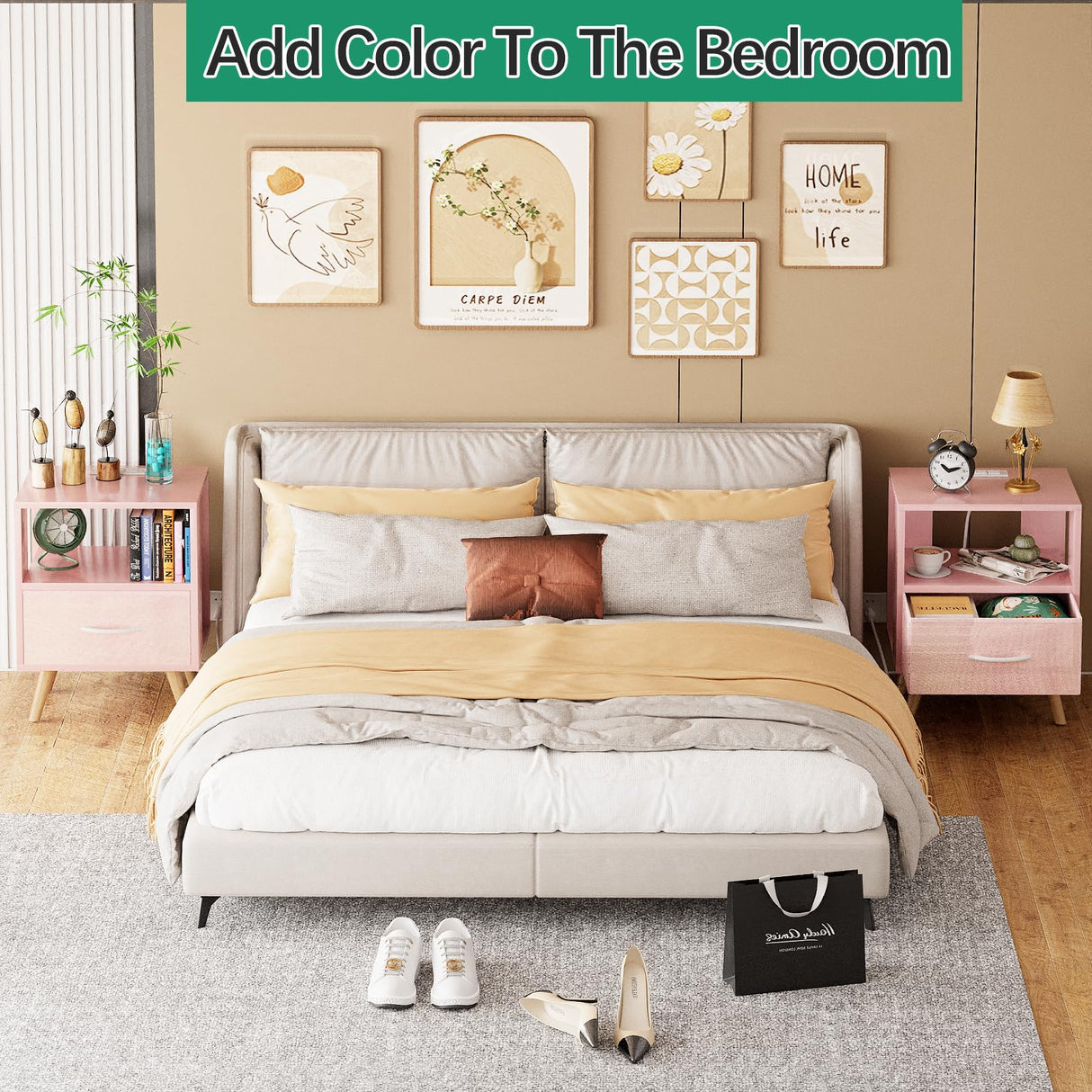 Aenuert Night Stand with Charging Station, Pink Kids Nightstand with Drawer, 2-Tier Nursery Bedside Table with USB Ports and Outlets, End Table for Small Space, Living Room, Bedroom Aenuert