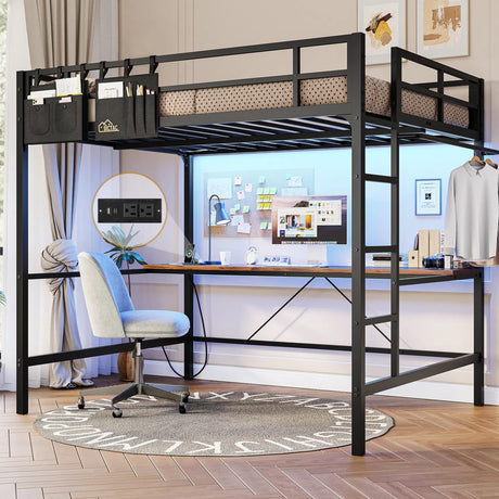 DICTAC Loft Bed Full Size with Desk and Led Lights Full Metal Loft Bed with Charging Station Full Size Metal Bed Frame with Safety Guard & Ladder, Space-Saving,No Noise,No Box Spring Needed, Black DICTAC