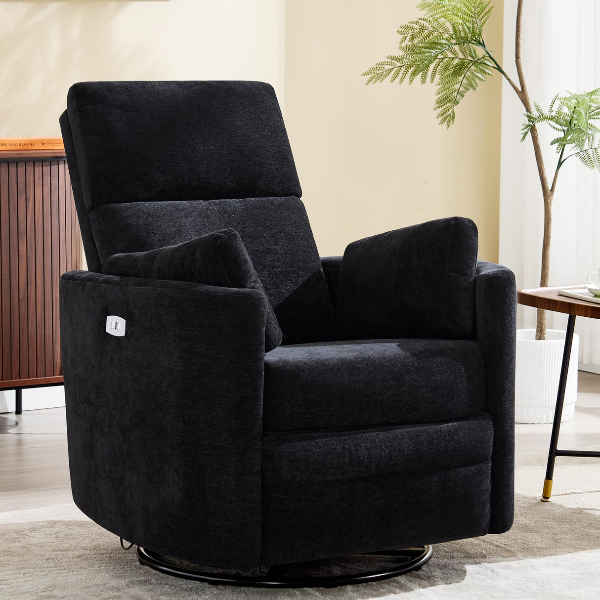 Recliner Swivel Glider Electric Rocking Chair with USB Port,Multifunction Upholstered Power Recliner Rocking Chair for Living Room Bedroom Nursery Adult with 2 Pillows(Black, Power-Driven) choairy