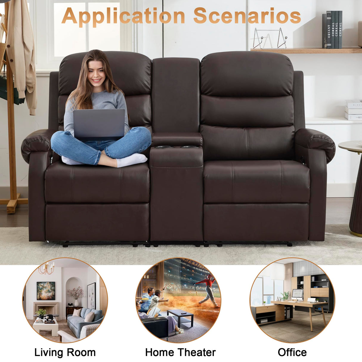 URRED Loveseat Recliner Sofa for Living Room, Oversized Manual Reclining Loveseat Sofa RV Couch with Console, Cup Holders, Lumbar Pillow, Hidden Storage, Faux Leather, Dark Brown URRED