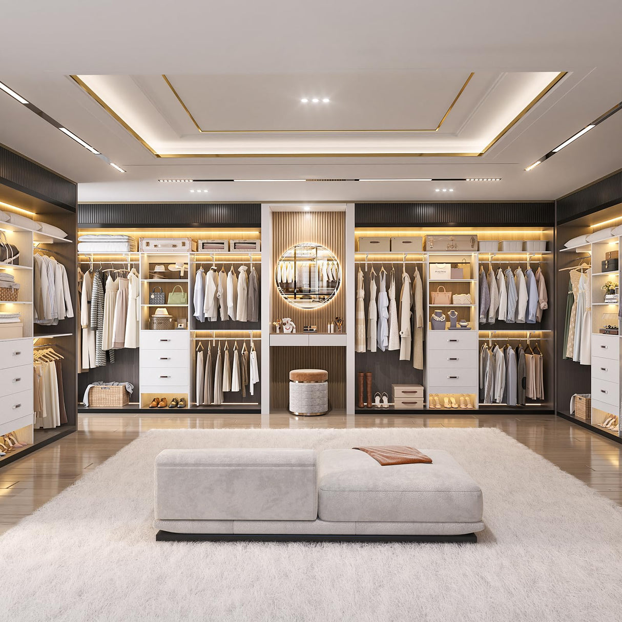 Besiost Closet System with Drawer - 8FT Wood Closet Organizer System with 3 Hanging Rods and Shelving Tower, 96" Walk In Closet Organizer Wardrobe, Heavy Duty Garment Rack Clothes Rack, White Besiost