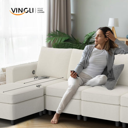 VINGLI 108" Beige Modular Sectional Sofa with Storage and USB Chargers, U-Shaped Sectional Sofa with 4 Seats 2 Ottomans, 6 Pieces Modern Couch Sleeper Convertible Couch Bed for Living Room