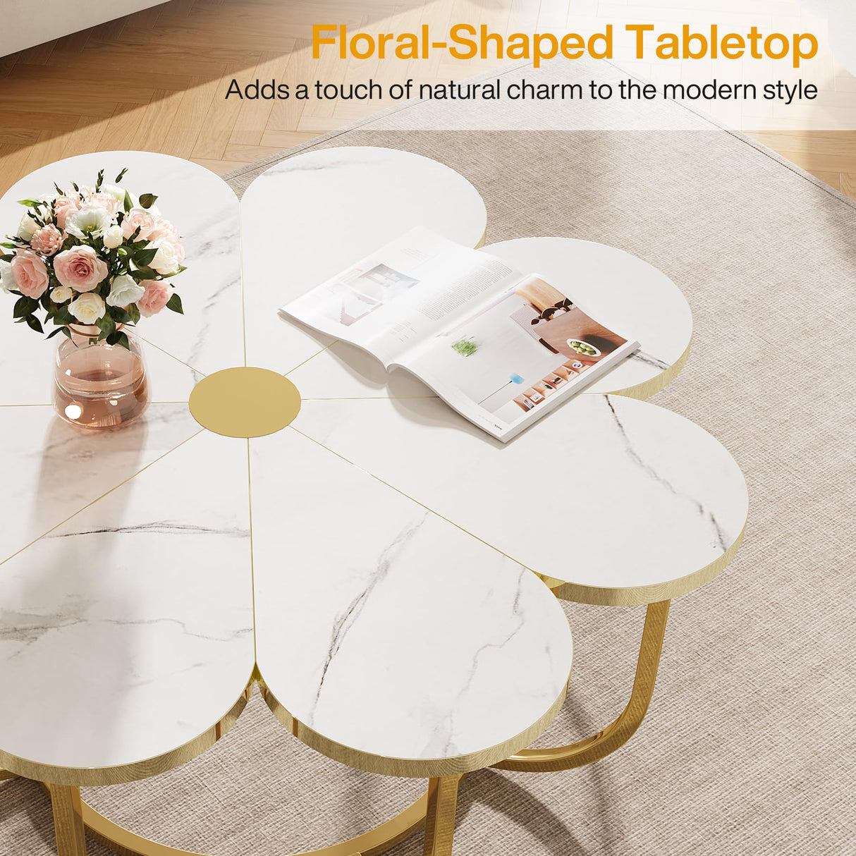 Tribesigns White and Gold Coffee Table, Modern Flower-Shaped Coffee Table with Faux Marble Tabletop, 39.37-Inch Floral Accent Center Table with Metal Frame for Living Room, Bedroom, Lounge Tribesigns