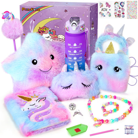 PERRYHOME Unicorns Gifts for Girls Age 4 5 6 7 8 9 10+ Birthday Back to School Day Gifts,Soft Plush Toys Set with Light-up Star Pillow,DIY 900ML Bottle,Diary,Coin Purse,Unicorn Plush Accessory PERRYHOME