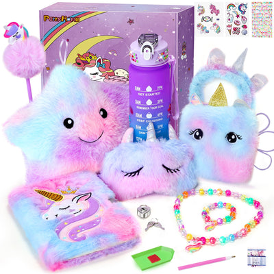 PERRYHOME Unicorns Gifts for Girls Age 4 5 6 7 8 9 10+ Birthday Back to School Day Gifts,Soft Plush Toys Set with Light-up Star Pillow,DIY 900ML Bottle,Diary,Coin Purse,Unicorn Plush Accessory