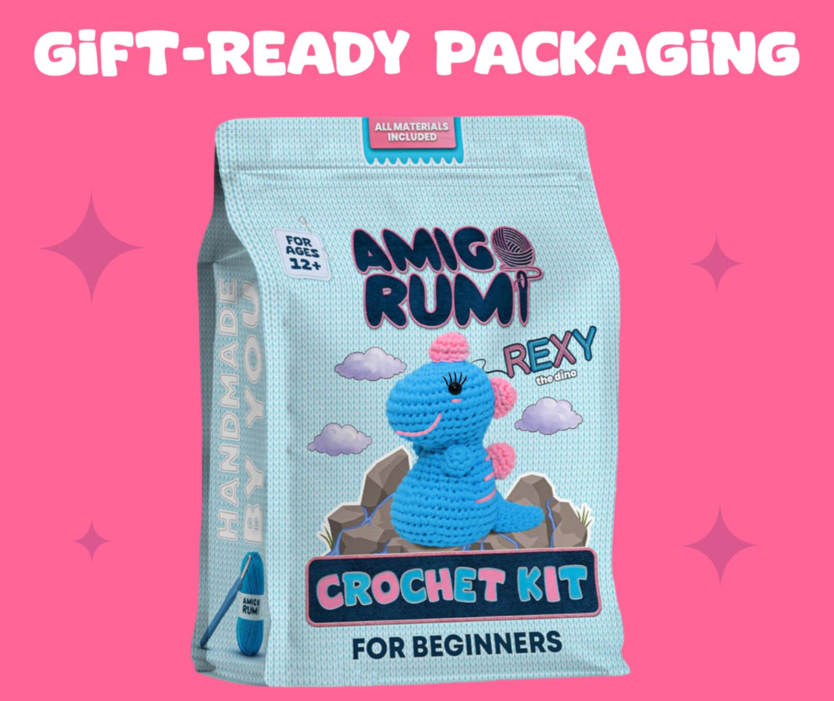 Amigo Rumi Cute Dinosaur Beginners Crochet Kit - Learn How to Crochet Starter Kit - 3+ Hours of Video Tutorials & Crocheting Book - Easy to See Yarn - Amigurumi Stuffed Animal for Kids 12+ & Adults Amigo Rumi