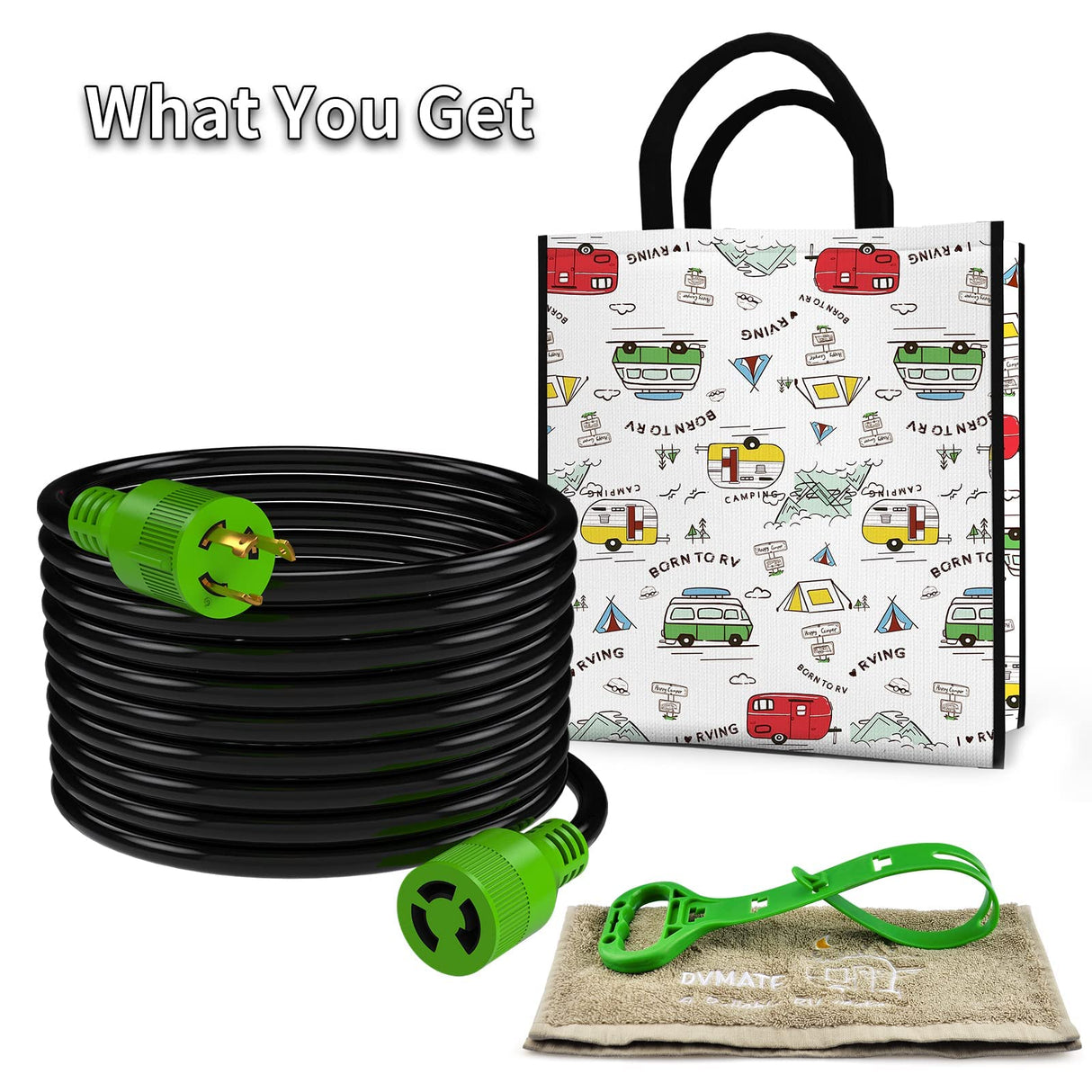 RVMATE 3 Prong 30 Amp Generator Extension Cord 75 Feet, NEMA L5-30P/L5-30R 125V SJTW Jacket RVMATE