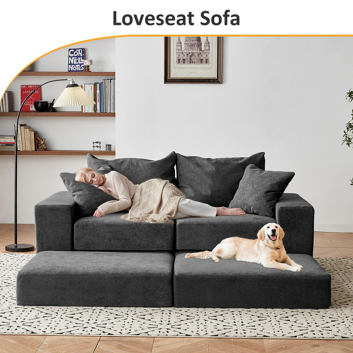 Modular Sectional Loveseat Cloud Sofa, Boneless Couch with Non Slip Base, Modern Sleeper Sofa for Customizable Living Spaces, Cozy Modular Couch with L-Shape Chaise, Deep Seat & No Assembly, Grey CozyMine