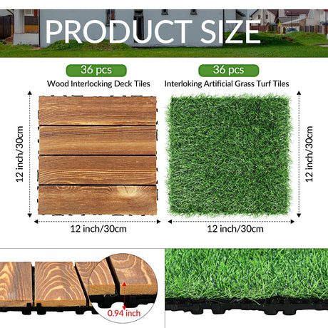 Menkxi 72 Pcs Hardwood Interlocking Patio Deck Tile and Artificial Grass Tile 12 x 12 In Waterproof Wood Flooring Tile Interlocking Turf Tile Outdoor Self Draining Tile for Balcony Garden Patio Lawn Menkxi