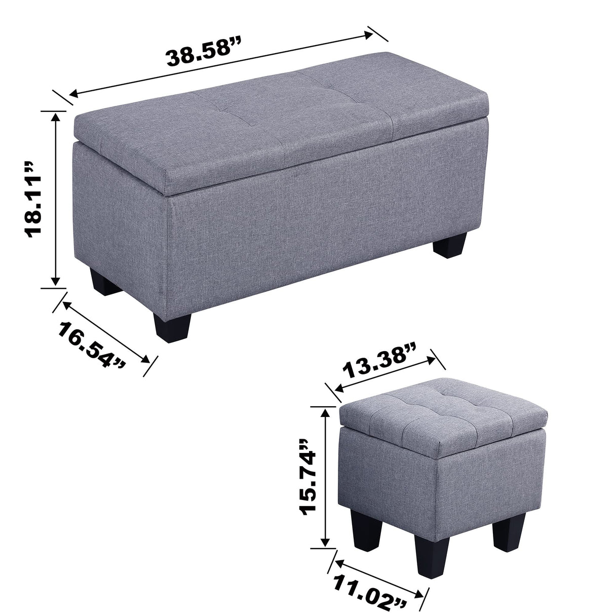 Tassullo Hinged Storage Ottoman Set of 3, 38'' Living Room Storage Bench with Thick Seating, 2pcs Small Square Dorm Stool Couch Side Foot Rest Tassullo