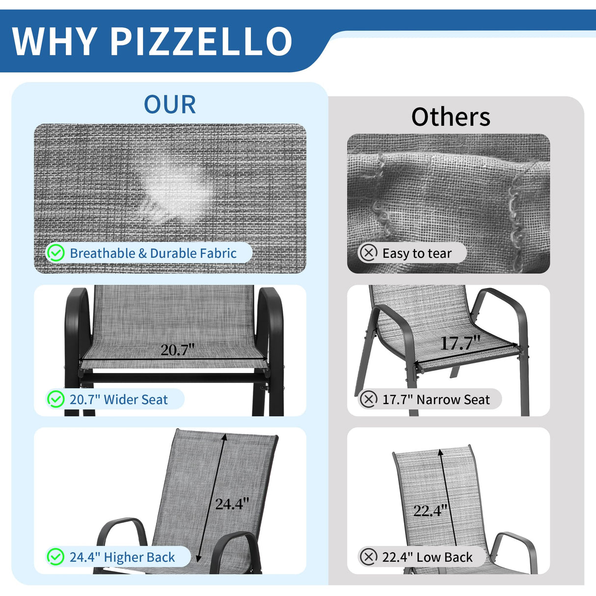 PIZZELLO Patio Chairs Set of 8 - Outdoor Stackable Dining Chairs for All Weather - Lightweight Textilene Outdoor Chair Sets with Armrests - 300Lbs Capacity - for Backyard Garden Porch Poolside (Grey) PIZZELLO