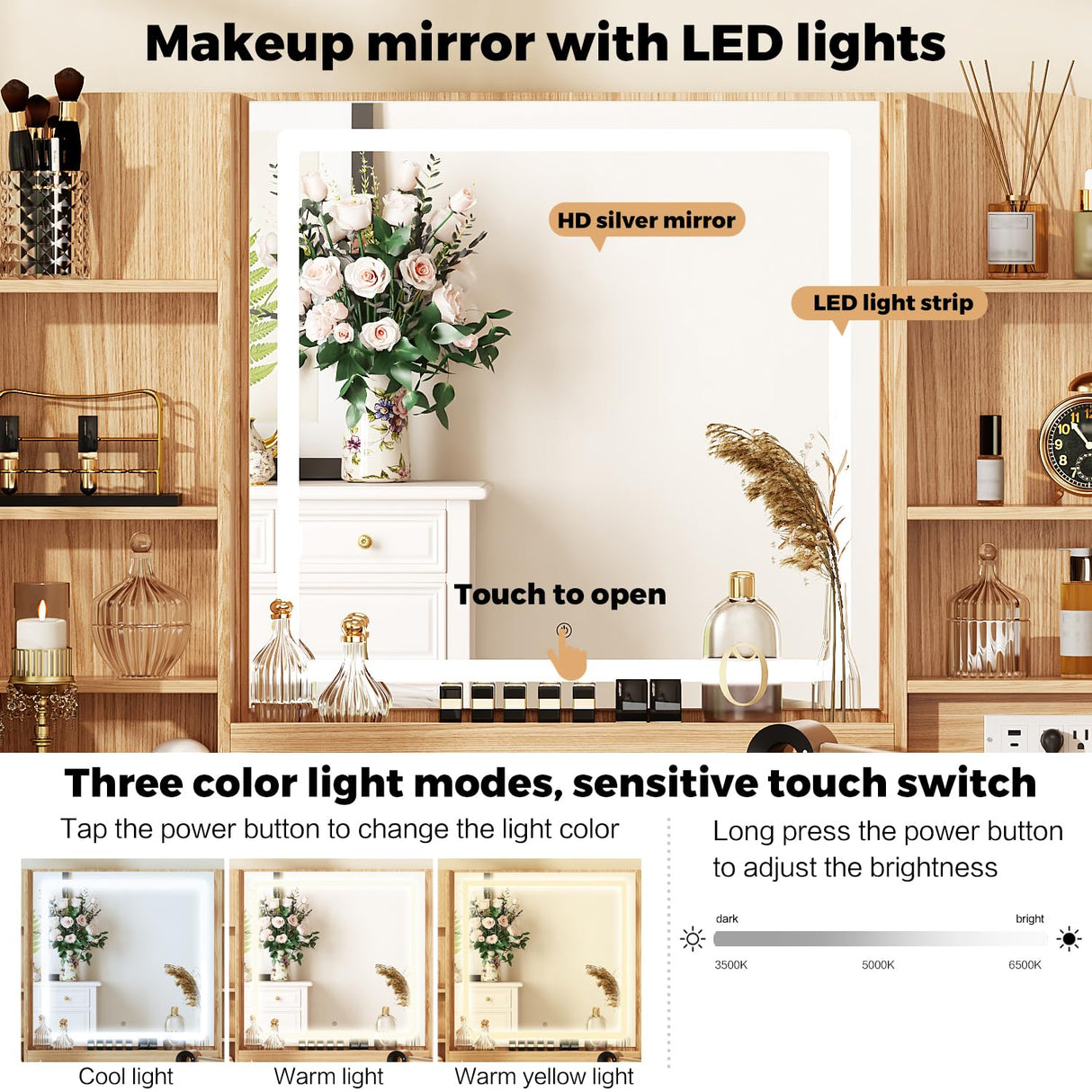 43" Makeup Vanity Desk with Mirror and Lights, & Power Outl, Glass Top Big Vanity Table with 9 Drawers& 8 Storage Shelves, Dressing Table Set with Chair for Bedroom, White+Oak Arulvmrn