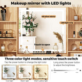 43" Makeup Vanity Desk with Mirror and Lights, & Power Outl, Glass Top Big Vanity Table with 9 Drawers& 8 Storage Shelves, Dressing Table Set with Chair for Bedroom, White+Oak Arulvmrn