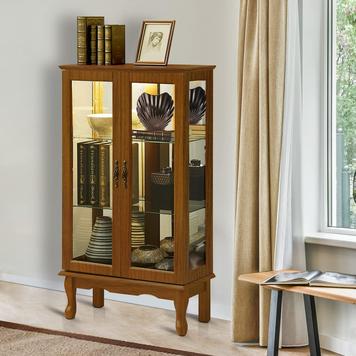 ZENITHLIVING Classic Oak Wood Curio Display Cabinet, Glass Doors, 3 Adjustable Shelves, Mirrored Back Panel, Interior Light, 43.5" H x 26" W x 11.75" D ZENITHLIVING