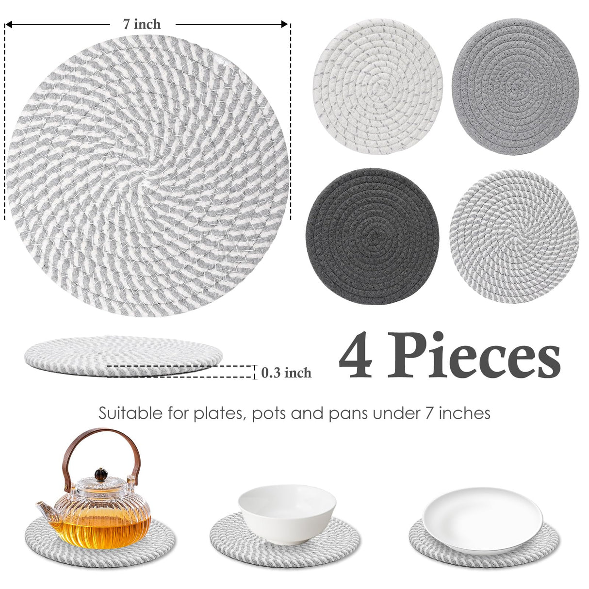 Billbotk 7" Trivets for Hot Dishes, Hot pots and Pans, 4 Heat Resistant Hot Pads, Pot Holders for Kitchen, Hot Plate Mats for Kitchen Countertops, Table, Home Essentials, Farmhouse Decor Billbotk